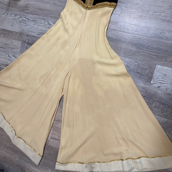 Vintage 70s Palazzo Jumpsuit Velvet Bodice Gold Trim Wide Leg Disco Boho Glam - Picture 13 of 16